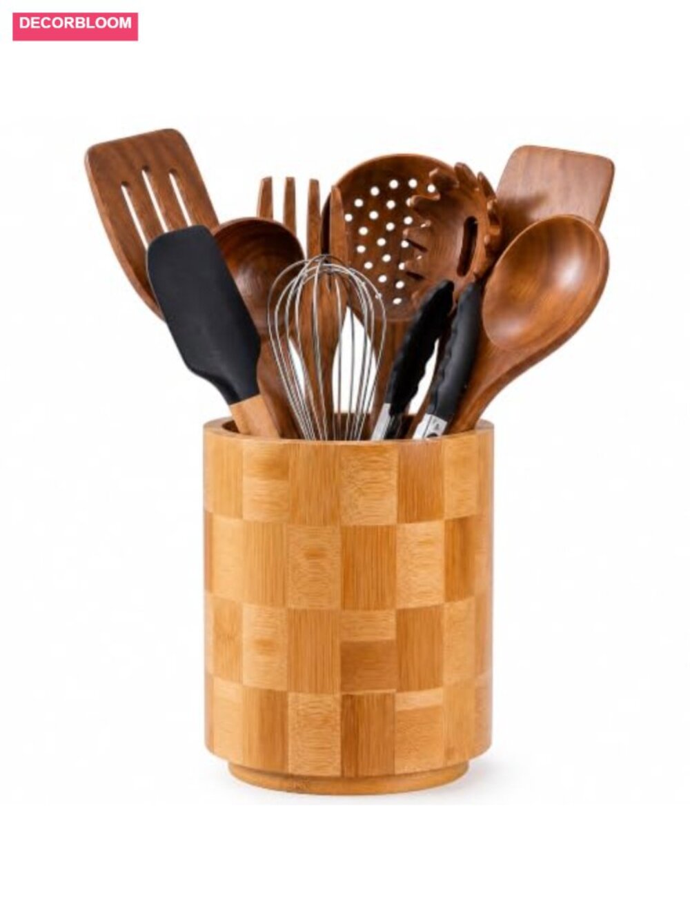 360° Rotating Bamboo Utensil Holder Checkered Countertop Organizer
